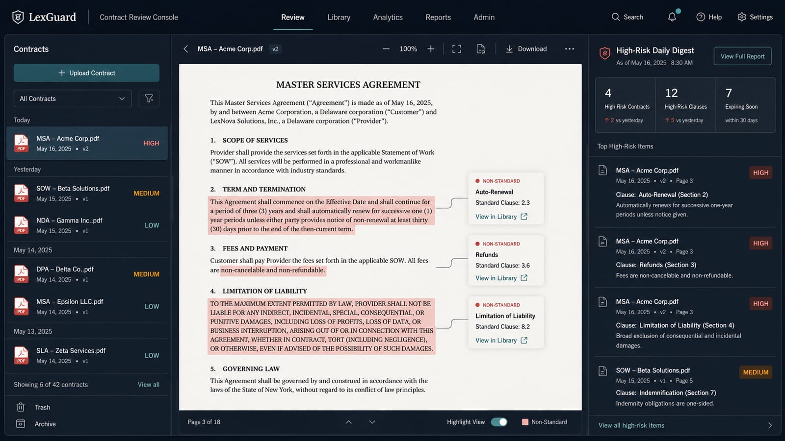 Contract-review console showing flagged clauses with the matched reference clause beside each flag
