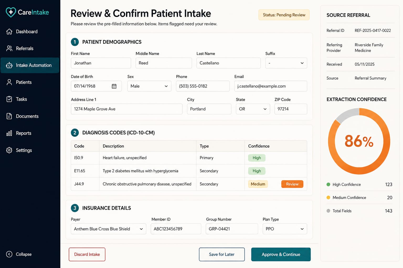 Pre-filled patient intake form with extracted fields and uncertain-match items flagged for staff review