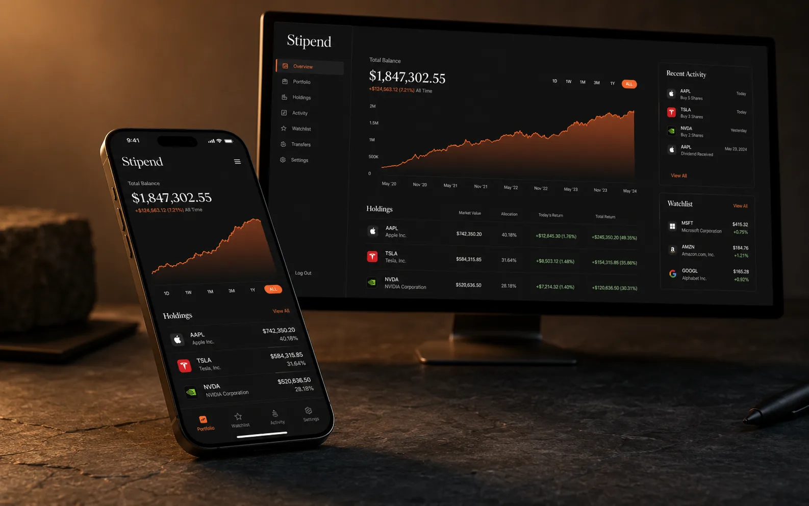 Custom investing app on iPhone with the same app running as a macOS desktop dashboard behind it, ember accents on a dark studio surface