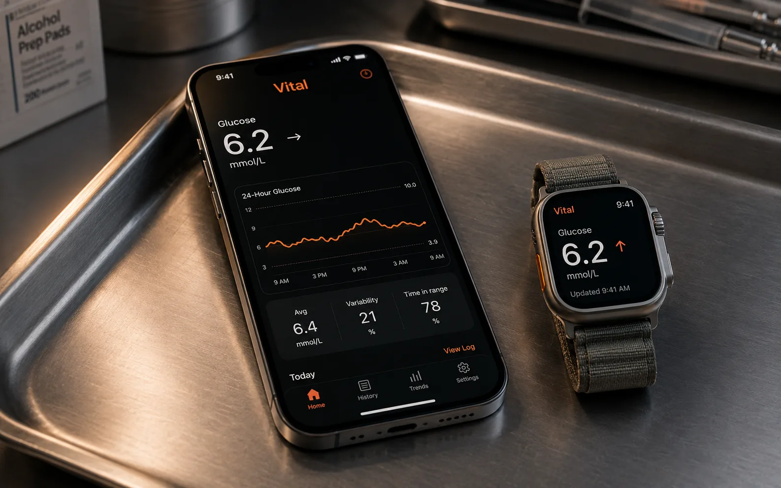 Custom clinical chronic-condition app on iPhone with a matching Apple Watch glance beside it on a stainless clinical tray, ember accents