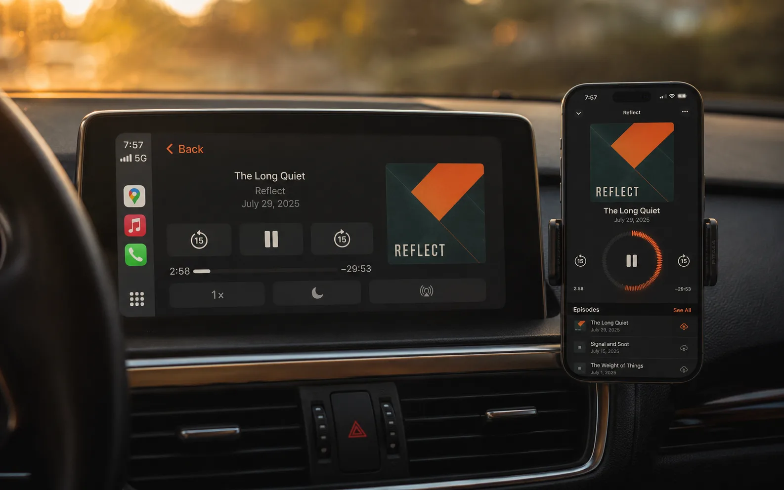 Custom podcast app now-playing screen on iPhone next to the same episode running on Apple CarPlay in a car dashboard, ember artwork