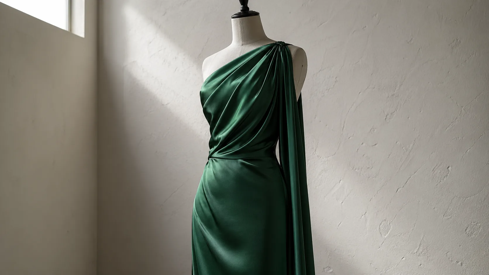 Emerald silk column gown draped at left shoulder