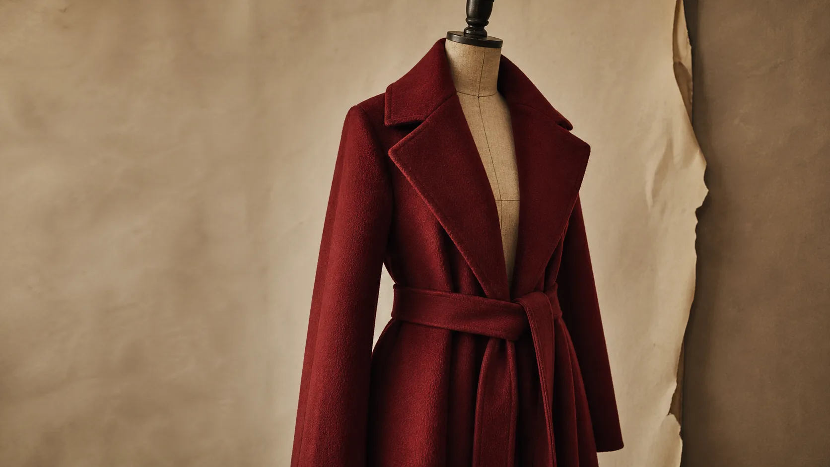 Double-faced wool coat in oxblood, belted