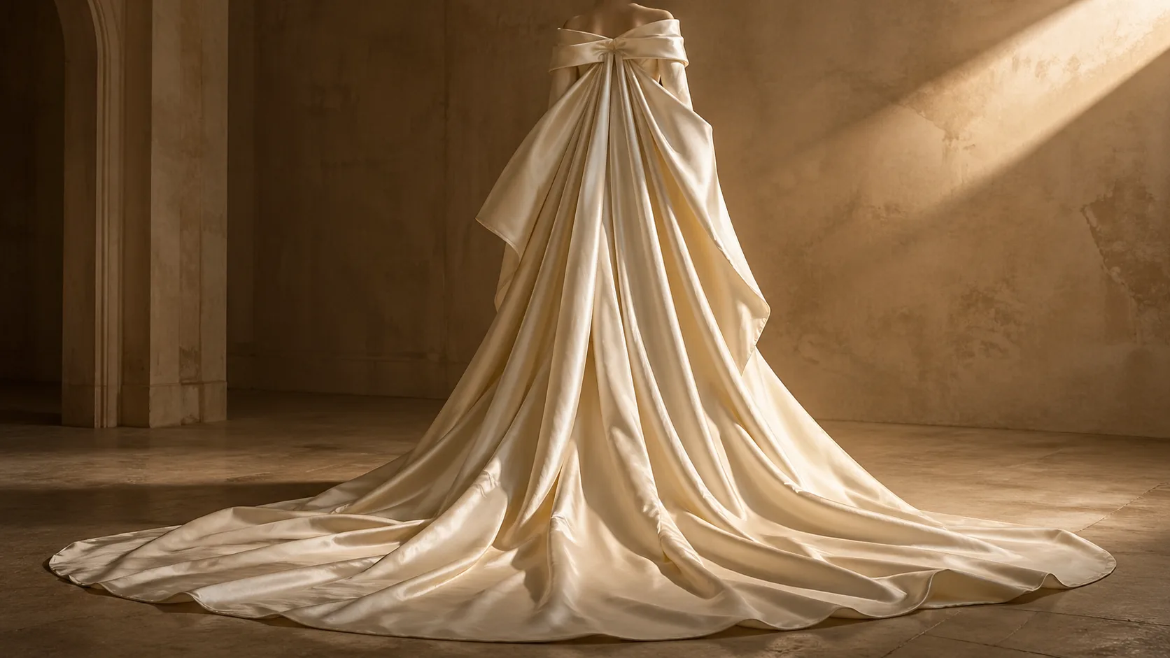 Ivory duchess satin, back-draped train