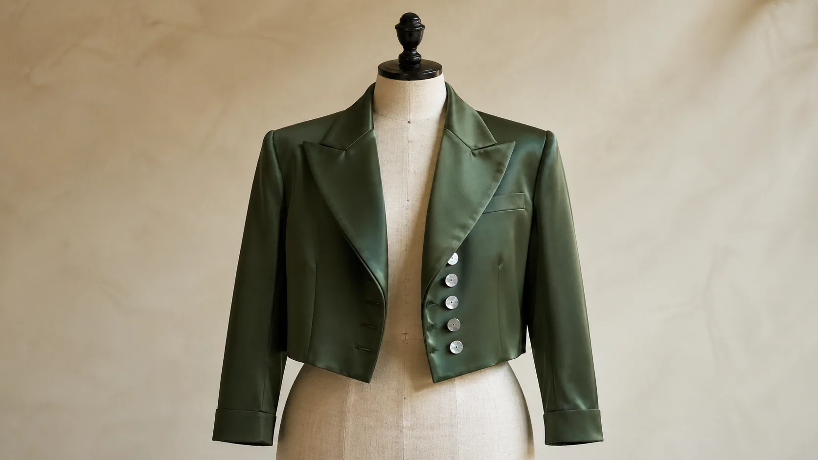Cropped silk blazer, botanist-green, pearl buttons